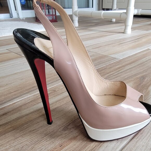 Christian Louboutin Nude/White/Black Patent Leather Lady Peep Slingback 150mm - Picture 5 of 15